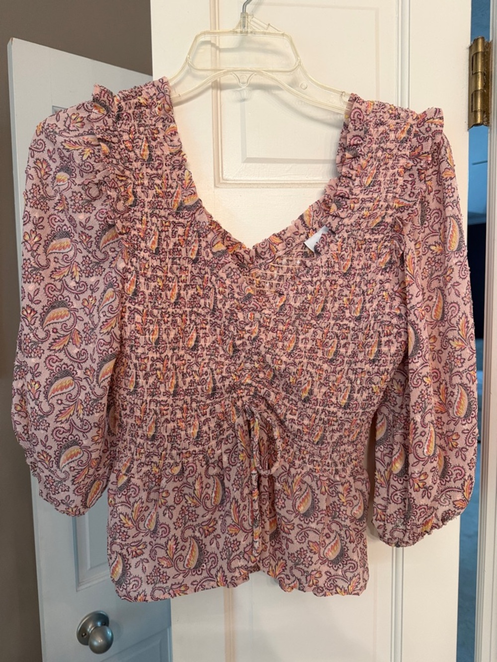 Topshop Pink Paisley Smocked V-Neck Blouse